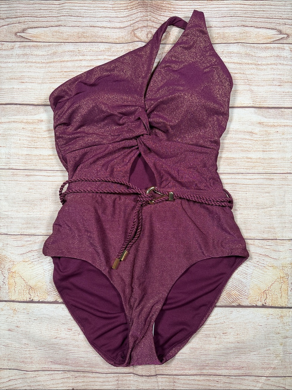 NWOT Shimmery Plum One-Shoulder Swimsuit with Rope‎ Belt